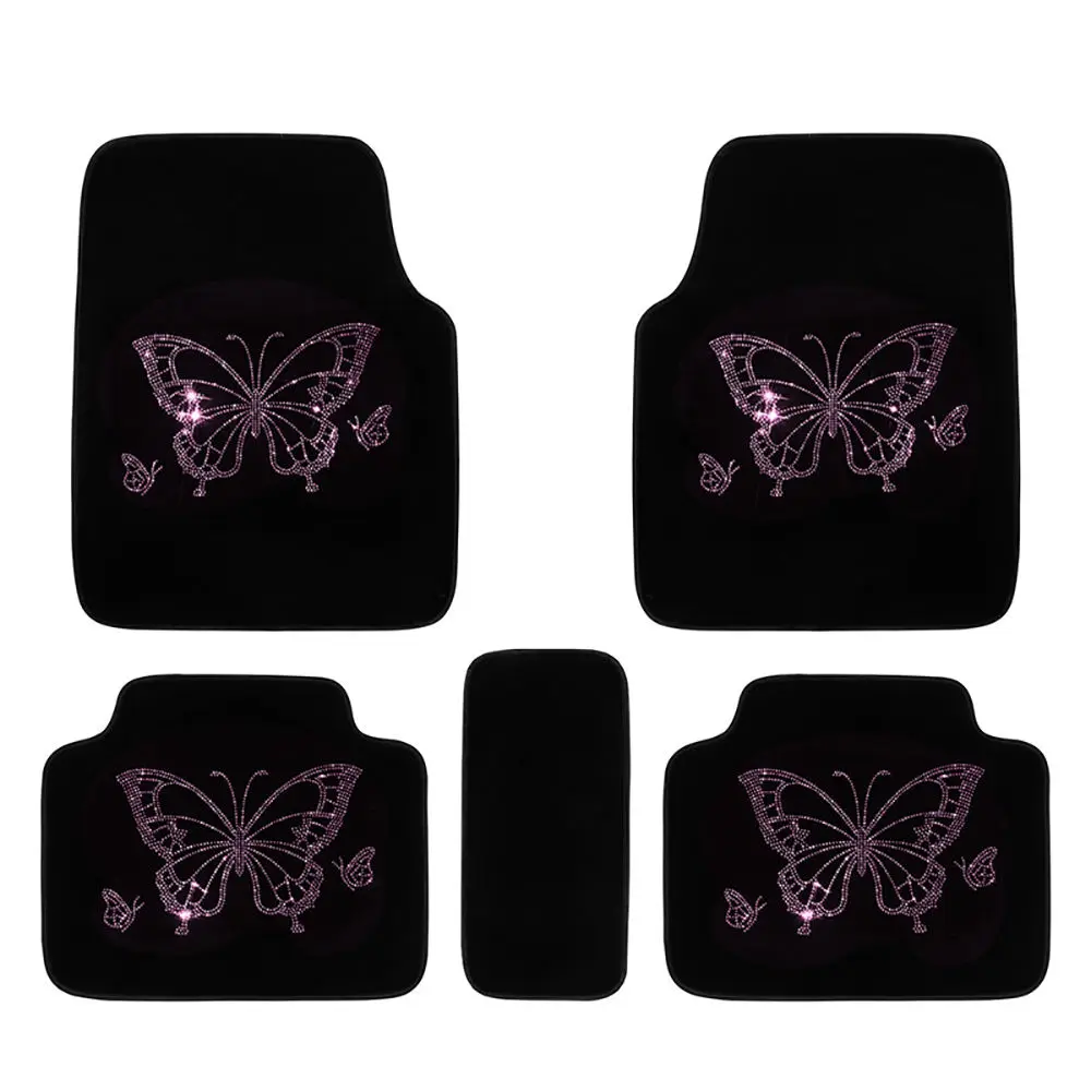 5 PCS Car Floor Mat Leather Bling Butterfly Car Interior Non-slip Floor Cushion Front Rear Carpet for Universal Car