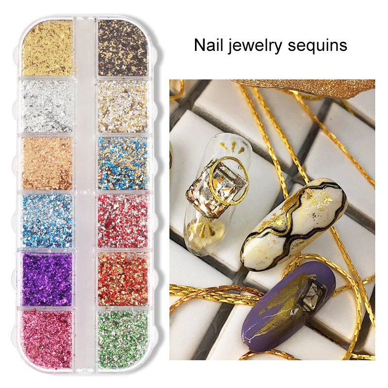 12 Grids Holographic Aluminum Nail Foil Flakes Stickers Nail Sequins 3d Glitter Decoration Foil Nail Art