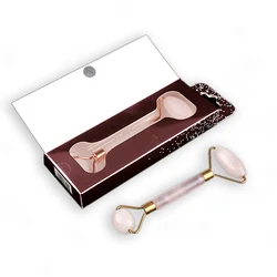 Facial Massage Tools Customized Private Label 100% Natural 2-IN-1 Rose Quartz Jade Face Roller Massager with Gift Box