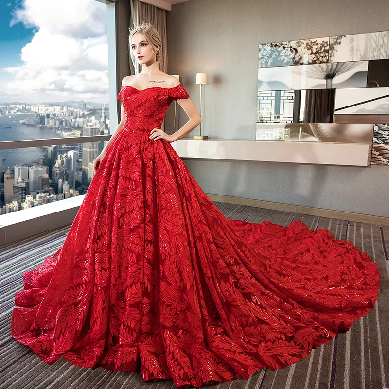 SUNNY One-line Shoulder Wedding Dress Red Plus Size Train Slimming Princess Wedding Dresses