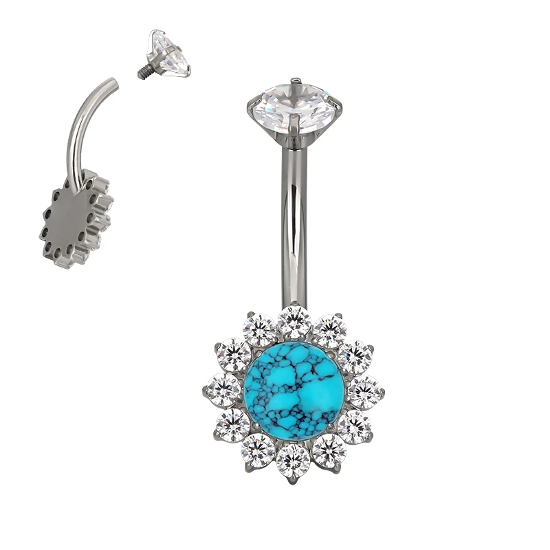 GZN Sexy Implanted Grade Titanium Internally Threaded Opal Flower Belly Button Ring Fine Body Jewelry Piercing