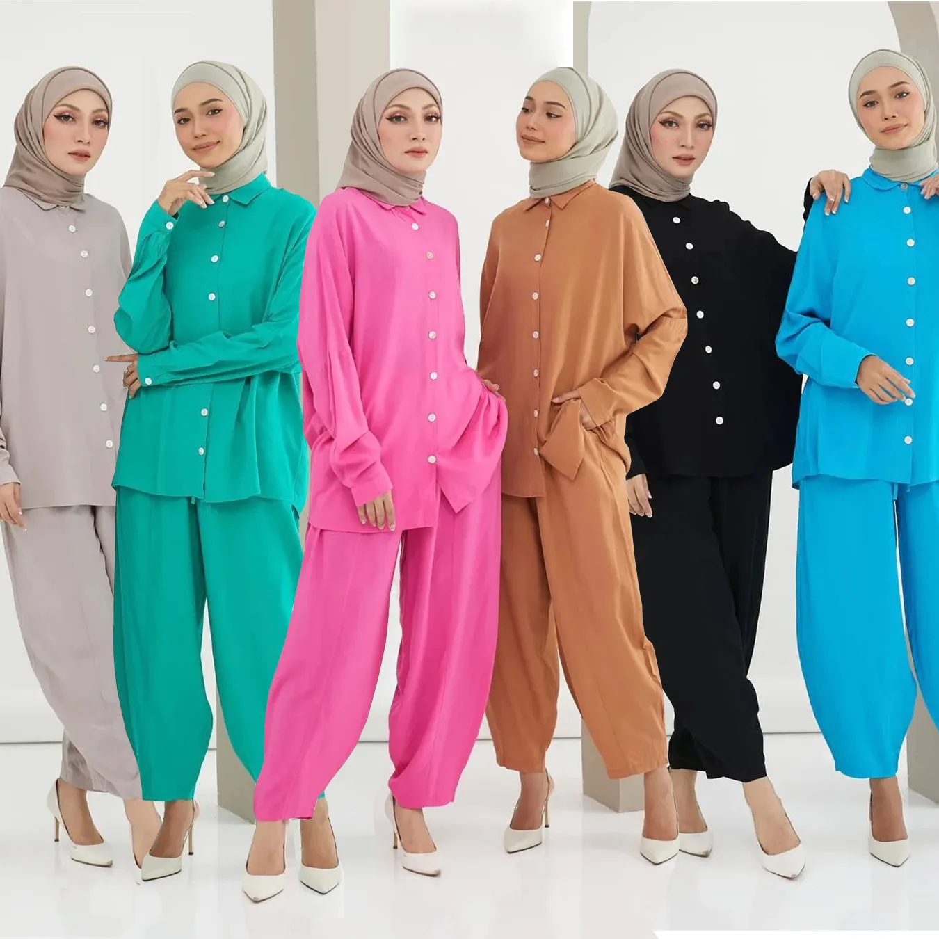 Southeast Asia Indonesia Fashion Harun Pants And Bat Sleeves Loose Casual Modest Top 2 Piece Set Muslim Women