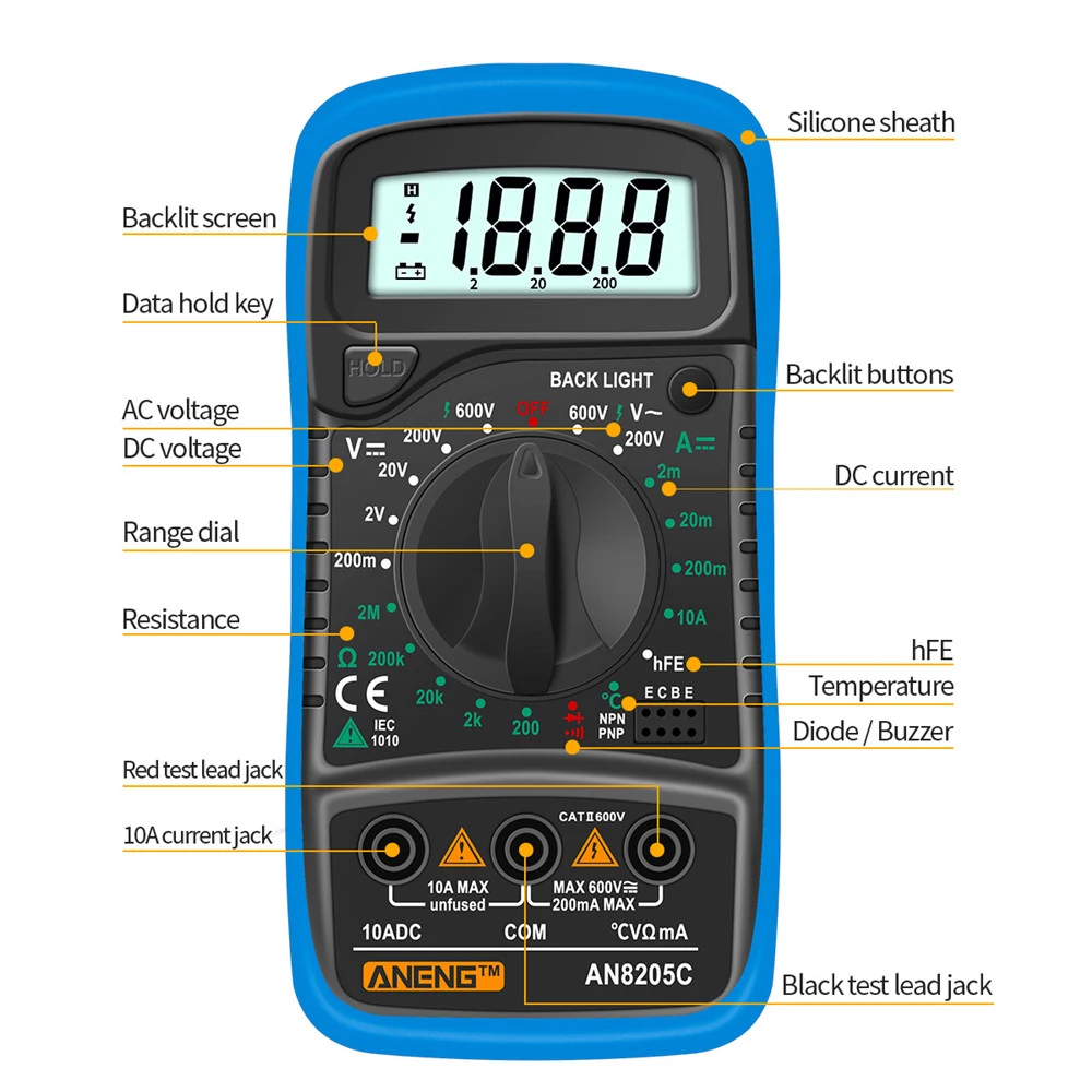 Gaqqee AN8205C Digital Multimeter AC/DC Ammeter Volt Ohm Tester Meter Multimetro With Thermocouple LCD Backlight Portable Meters