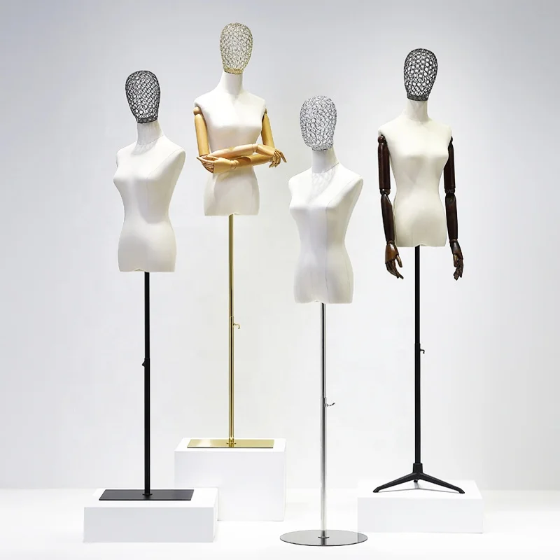 Window Display Fabric Covered Movable Mannequin Female Half Body Gold Arm Metal Wire Head Women Mannequins With Wooden Arm