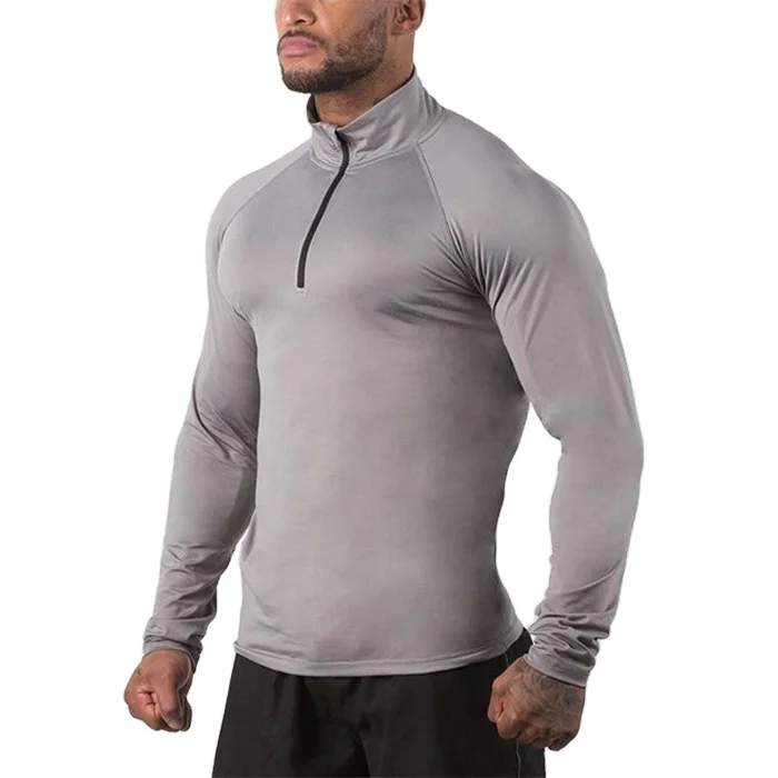 wholesale custom printed 100% cotton classic long sleeve half zip men casual workout fitness running fit slim T-Shirt