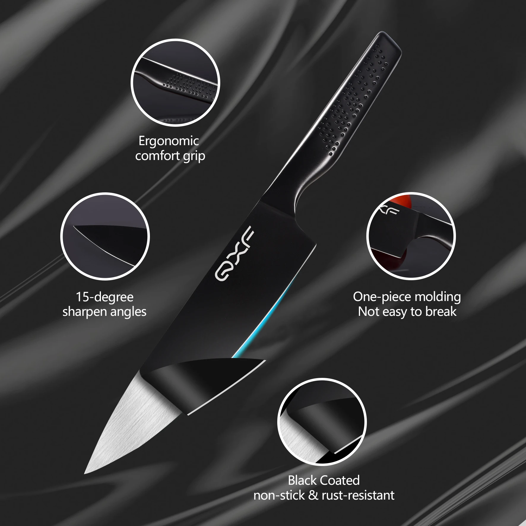 QXF 6 PCS Black Coated Painted Kitchen Knife Set 5Cr15MoV Stainless Steel Hollow Handle Chef Knife with Acrylic Wood Knife Stand