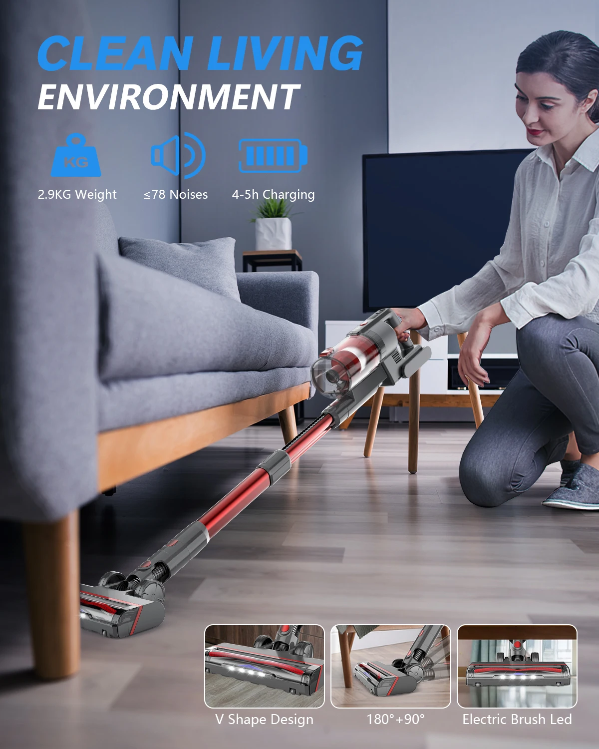Domestic Handheld Stick Bagless Cordless Carpet Vacuum Cleaner with Motorized Brush