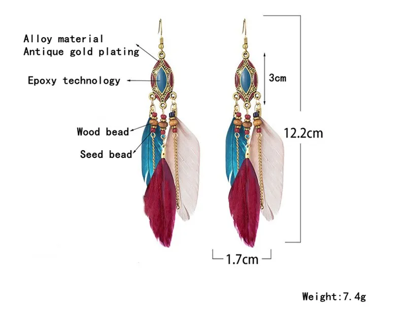 Bohemian Ethnic Style Long Feather Earrings Hoop Earrings Gold Gift Paper with Tassel Chain Fashion Carton Women's BOHEMIA