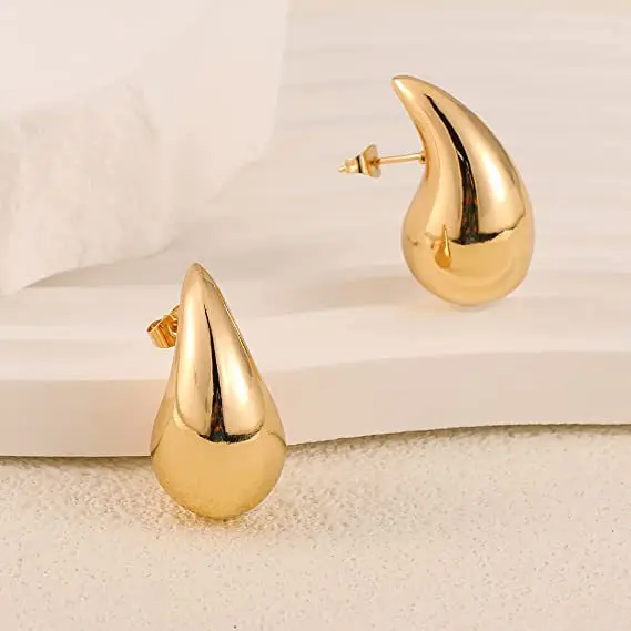 18K Gold Plated Stainless Steel Women Fashion Waterdrop Waterproof Jewelry Hollow Big Large Chunky Tear Water Drop Earrings 2023