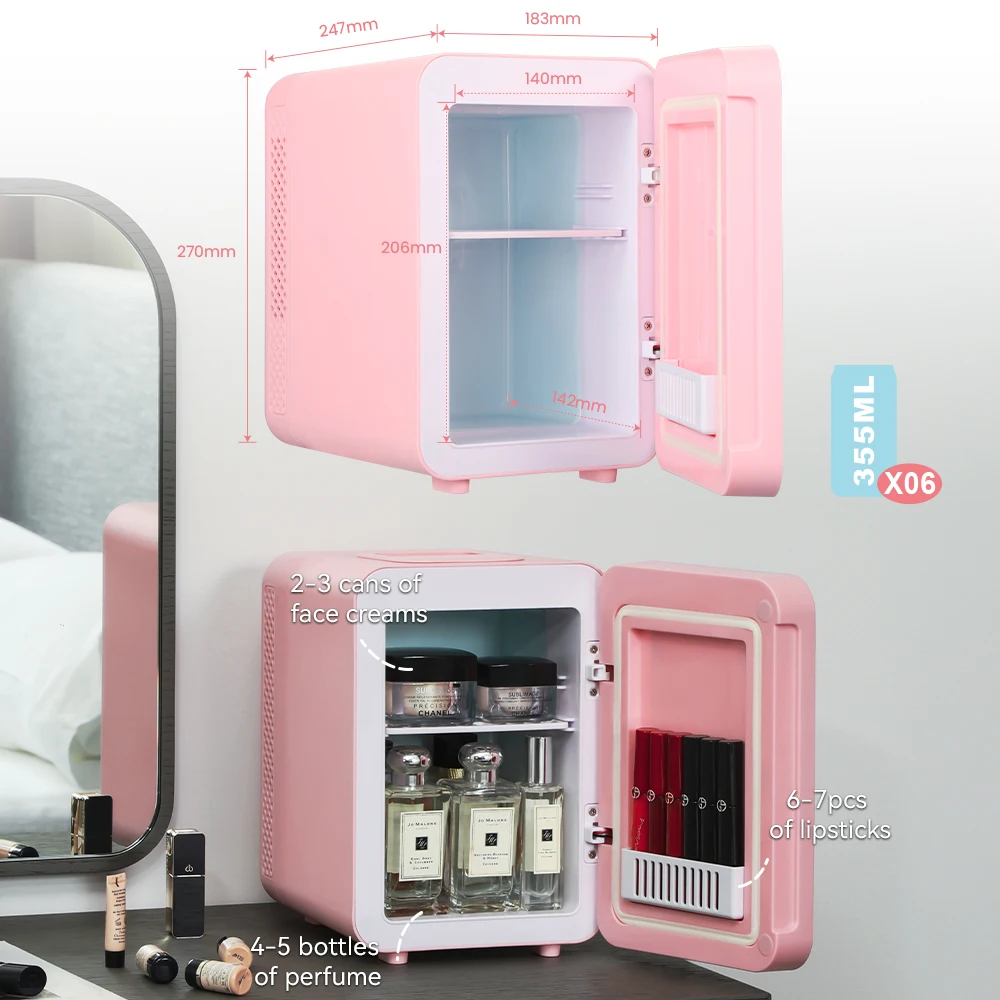 Mini Fridge Led Lighted Mirror Glass Cool and Warm Portable 4l for Bedroom Office Home