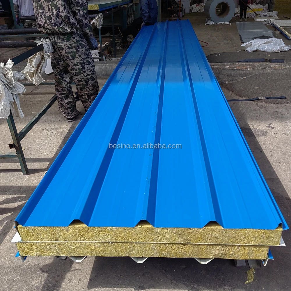 Rock Wool Products Fireproof Sandwich Panel Color Steel Insulation Rock Wool Sandwich Panel Corrugated Prefab Warehouse