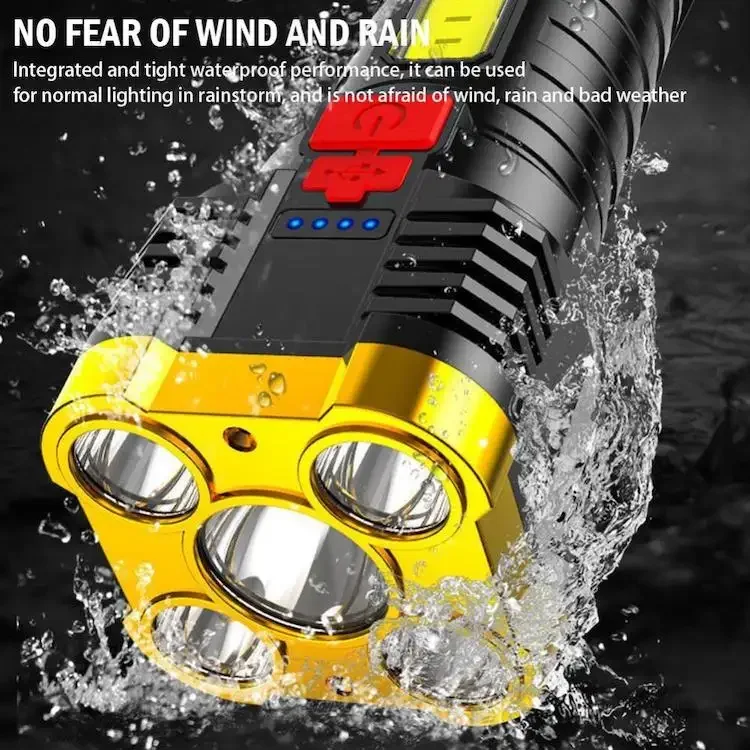 Super Bright 5 LED Flashlight with COB Side Light Spotlight Battery Display USB Charging Portable Torch Lighting Camping 50 PVC