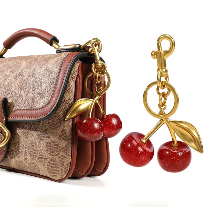 REWIN Sparkly Resin Metal Purse Accessory Glitter Cherry Keychain Bag Charm with Key Ring and Clip for Designer Handbag Decor