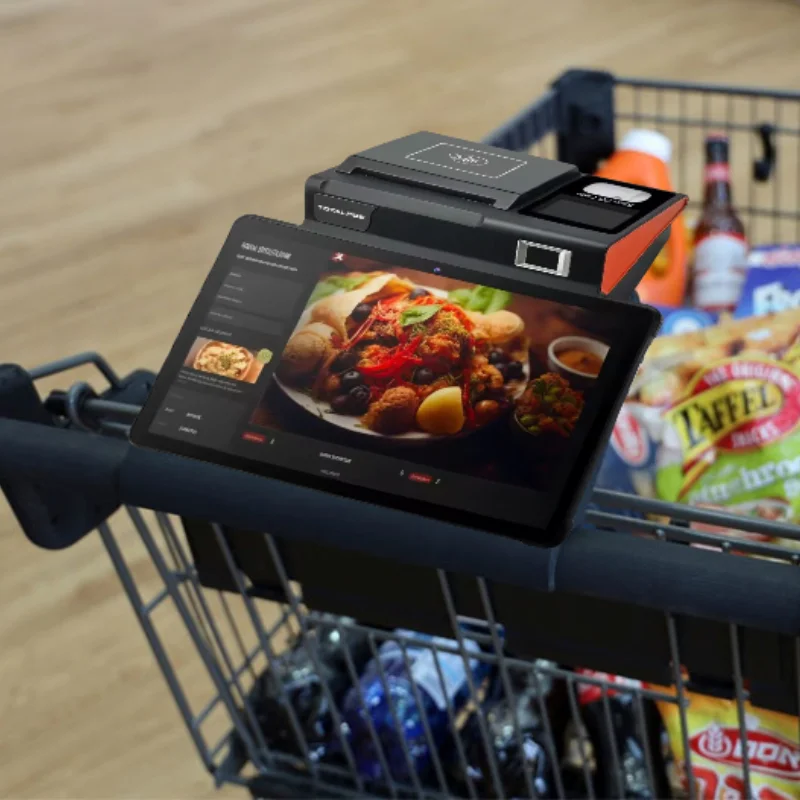2024 new design Retail Smart grocery carts nfc payment price checker android all in one touch screen pos terminal with printer