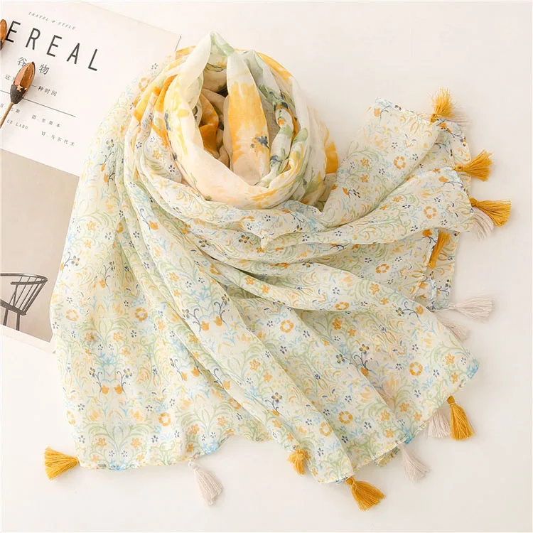 2021 New Soft Scarf Fresh Yellow Flower Tassels Floral Scarves Shawl Floral Scarf For Women Shawl