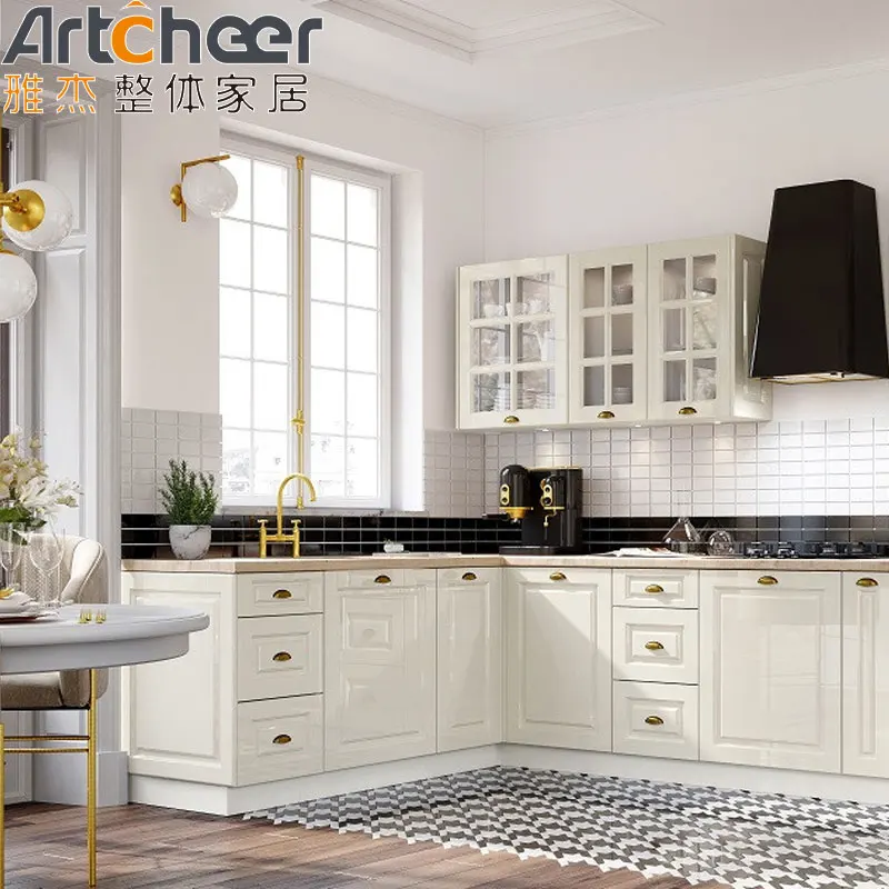 Modern kitchen cabinets in solid wood material quartz stone table top with nice accessories