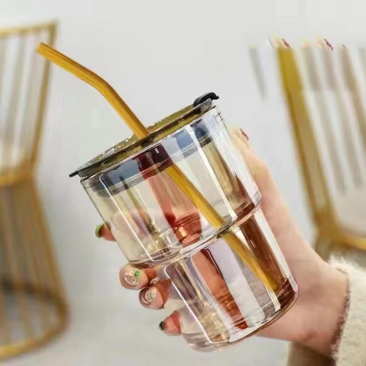 Coffee Cup Creative High Beauty Portable Bamboo Cup with Lid Glass Water Cup ins Wind Net Red 450ml Leather Cover