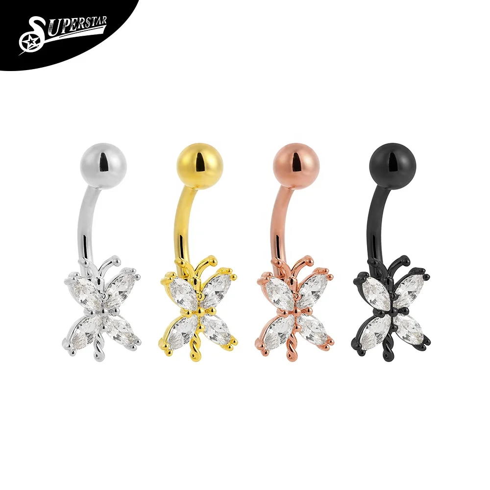 Superstar Custom fashion inlay zircon crystal butterfly body piercing jewelry navel ASTM F136 titanium women belly button ring