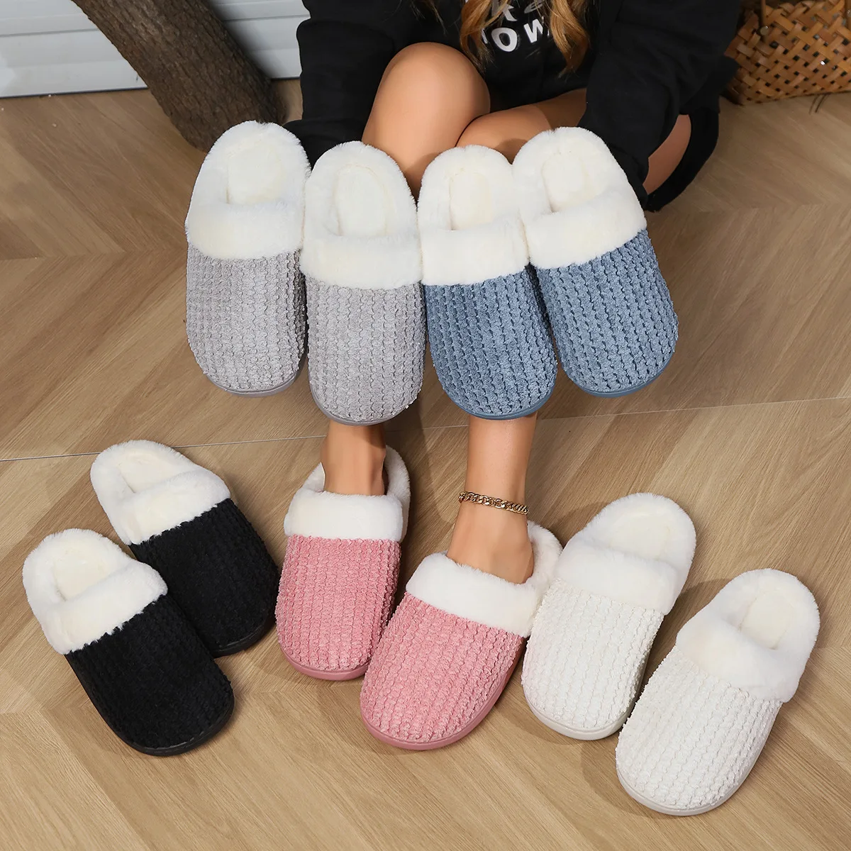 Women Men Home Fluffy House Winter Warm knit Plush Soft Plain Slippers Indoor Anti-slip Floor Bedroom Shoes Slipper