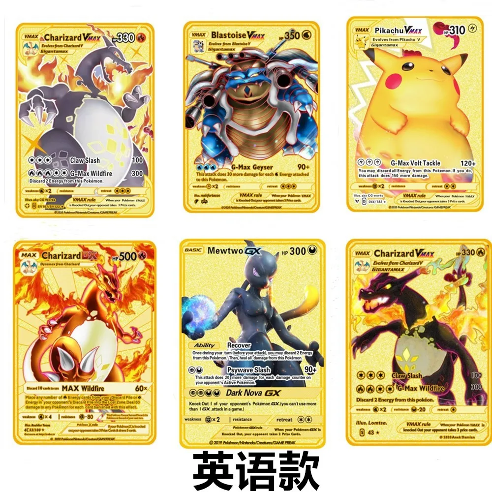 Золотые поддельные карты Pokemon металлическая торговая карта оригинальные игровые первого