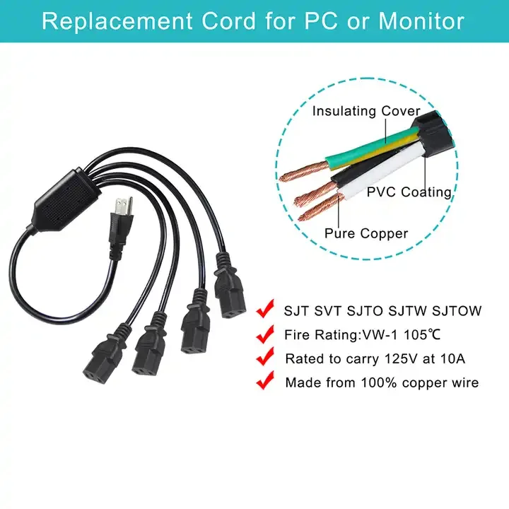 NEMA 5-15P на IEC C13 4Way кабель выхода 3 Prong TV шнур питания 6 ft AC
