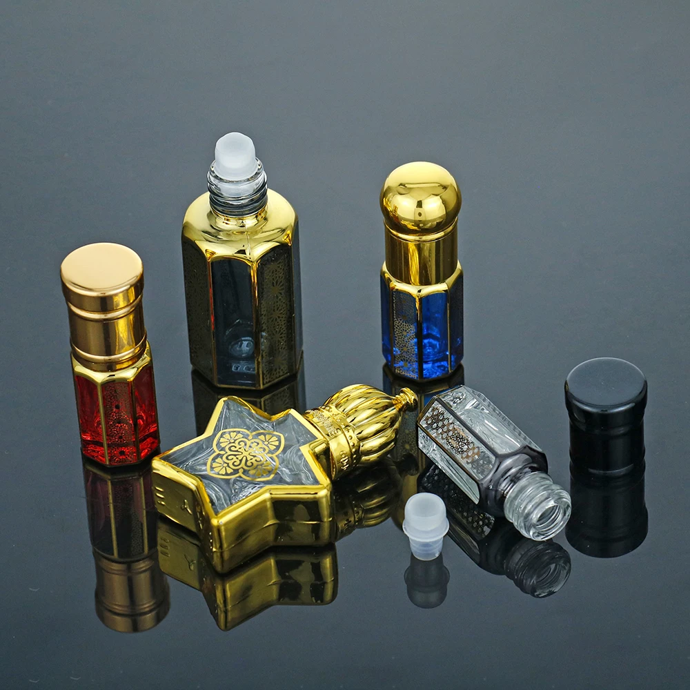 Custom Luxury Arabian 3ml 6ml 12ml Fancy Perfume Bottle Empty Oud Attar Oil Bottle with Glass Rod Essential Oil roller Bottle