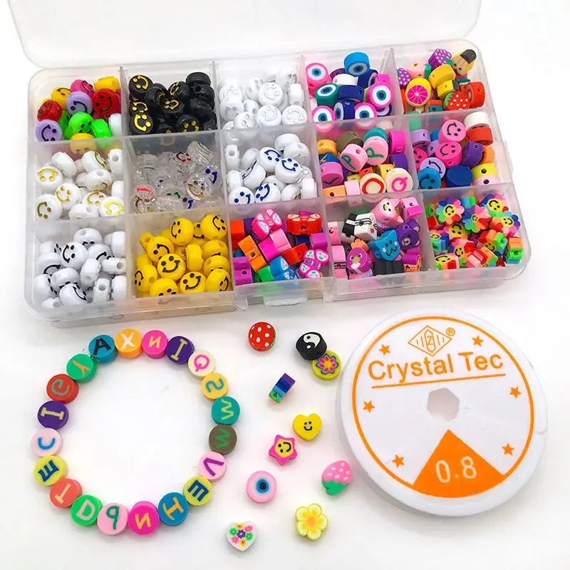 375 Pcs Colorful Mixed Fruit Animals Polymer Clay Beads Kit with Acrylic Smiley Beads Kit For DIY Bracelet Jewelry Making Kit