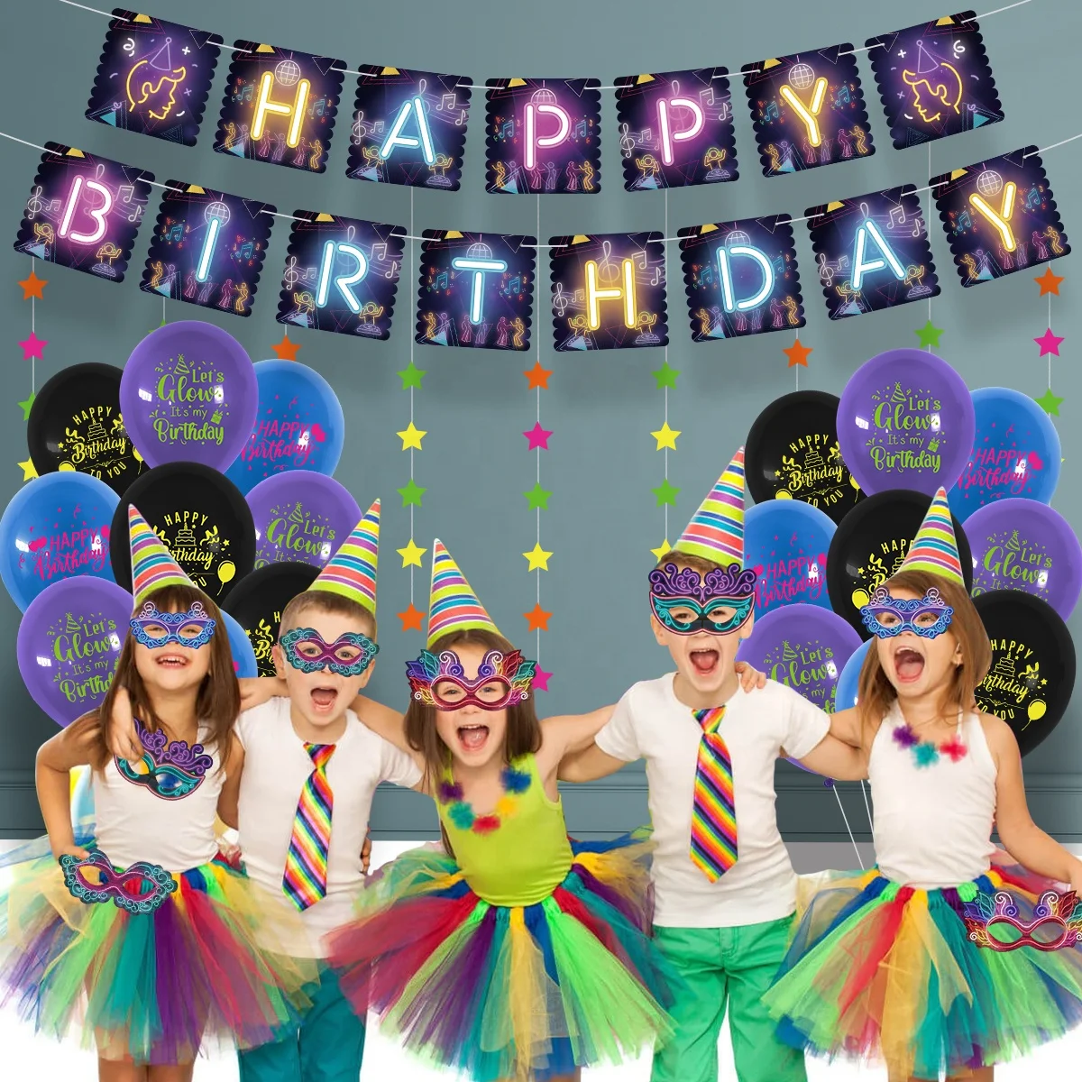 Paper Banner Balloons Garland Children Mask Decoration for Birthday Party Home Deco Glow Theme Party Decorations