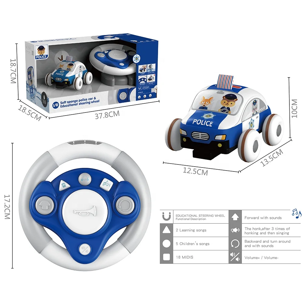 Remote Control Soft Toy Car, Steering Wheel Remote Control Police Car wih Sponge Body Multifunctional Cartoon Car for Kids
