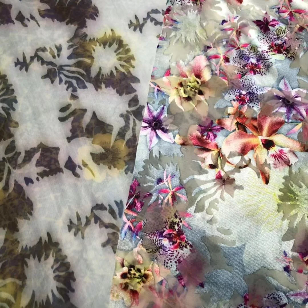 
New fashion polyester spandex floral stretch velvet burnout custom digital print fabric for dancewear dress 