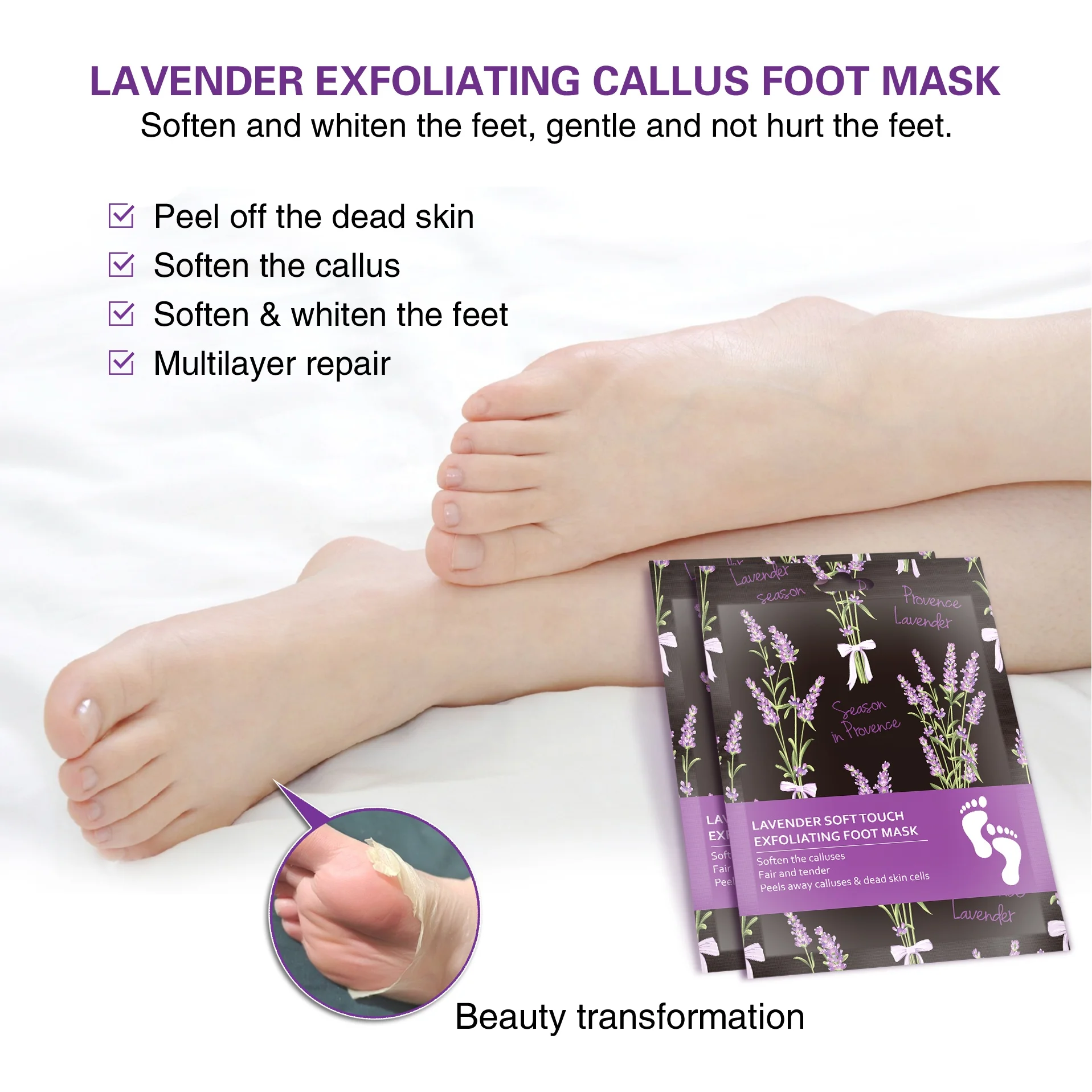 OEM Private Label Lavender Mask Of Feet Exfoliating Foot Peel Mask Skin Peeling Foot Exfoliation Peeling Mask Socks