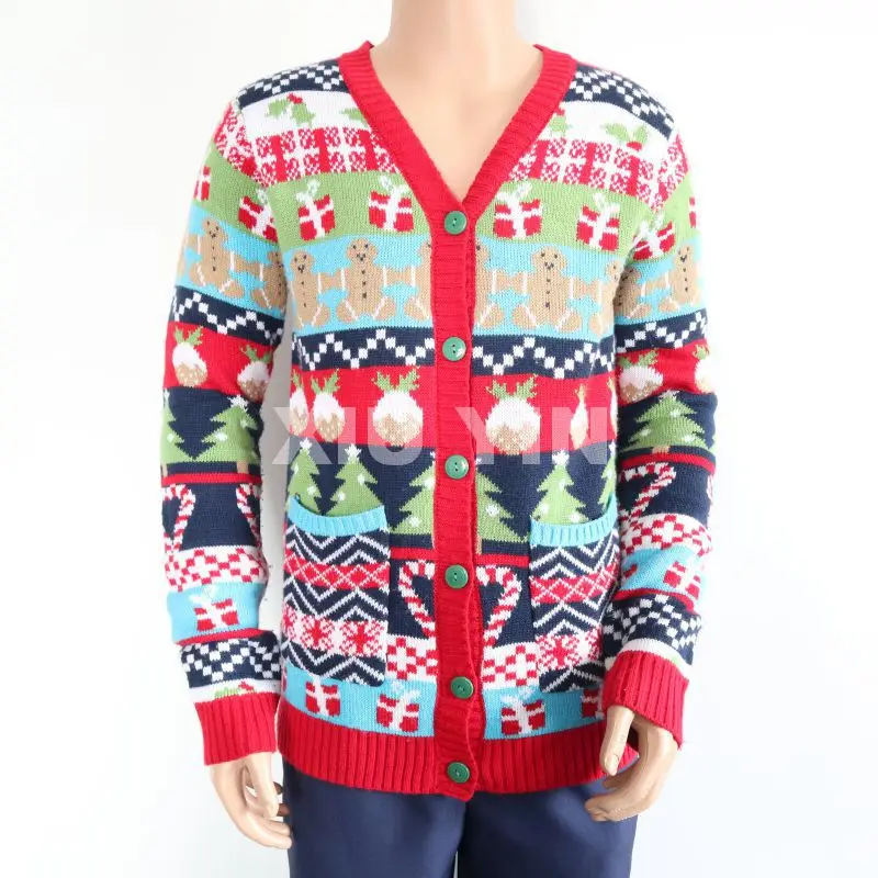 Многоцветный Рождественский свитер с карманами, зимний плотный жаккардовый кардиган с пуговицами и рождественским рисунком, свитер