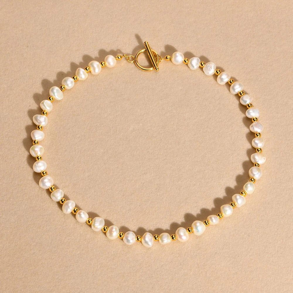 minimalist jewelry gold plated stainless steel beads 6mm real pearl necklace irregular freshwater pearl necklace for women