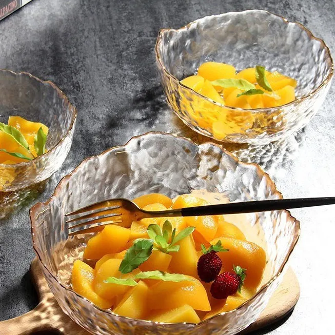 Salad bowl, net red tableware, fruit plate, high-value household hammered glass, dessert gold-edged bowl