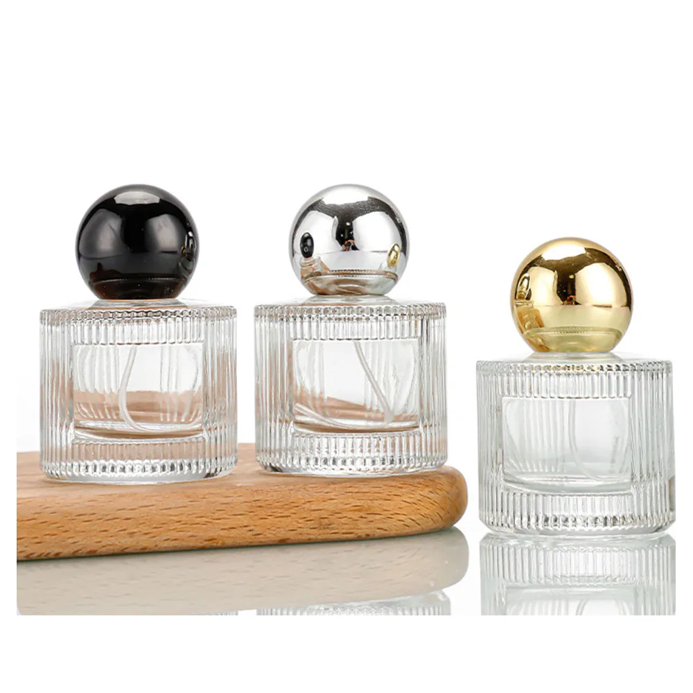 Luxury 50ml Gold Silver Black Round Cap Cylinder Glass Perfume Bottle With Crimp Screw Spray