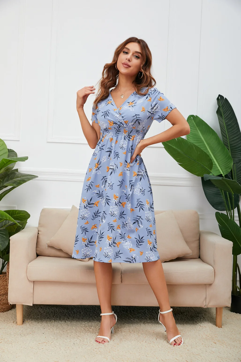 Spring Summer New Chiffon Beach Dress Printed V Neck Short Sleeve Dress Women Casual Bohemian Dress