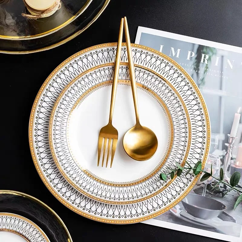 Creative ceramic dish golden trim Nordic style Western cuisine plate hotel tableware set household dinner plate steak plate