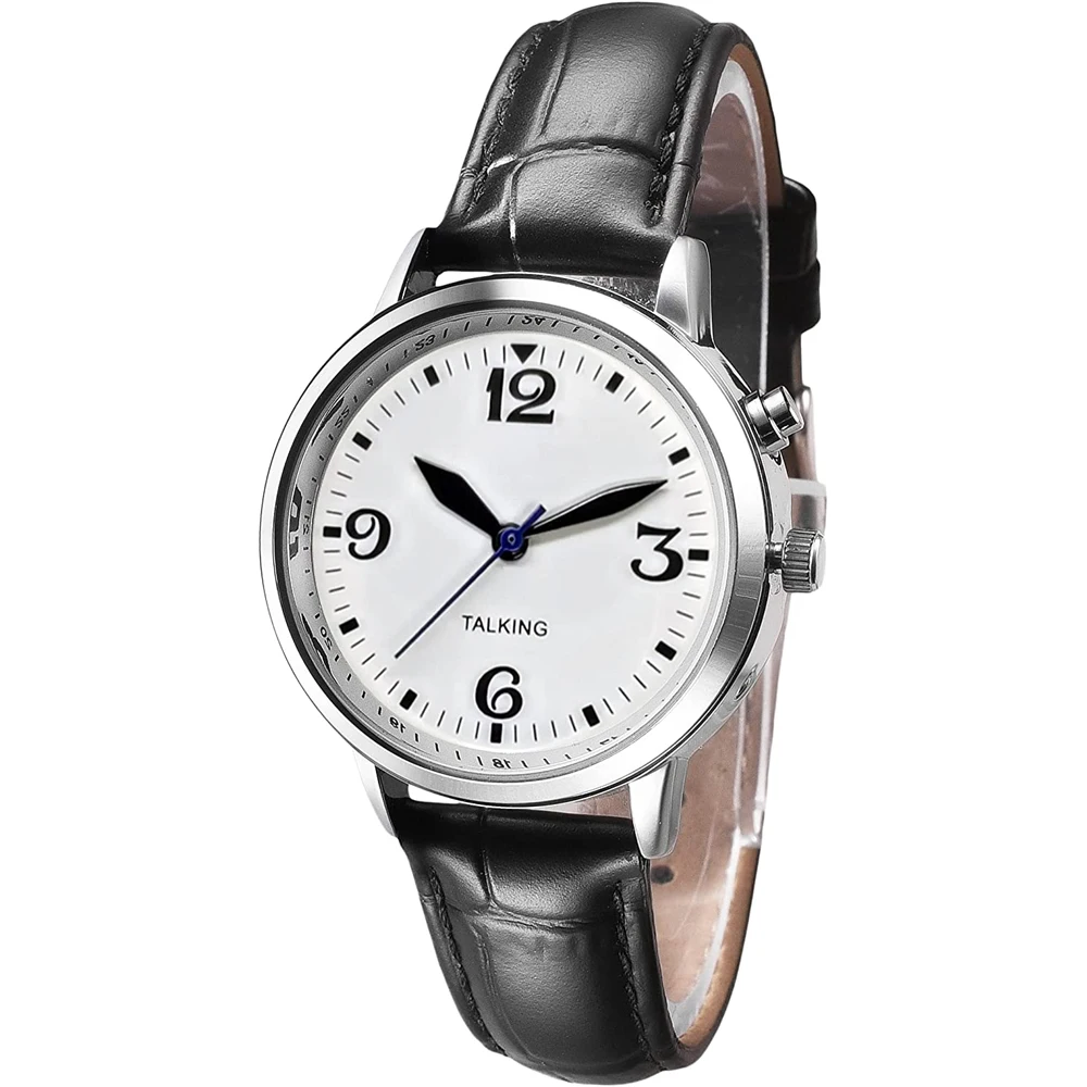 English Talking Watch Speaks The Time, Date or Alarm time for Elderly, Impaired Sight or Blind. White Face-Black Numbers
