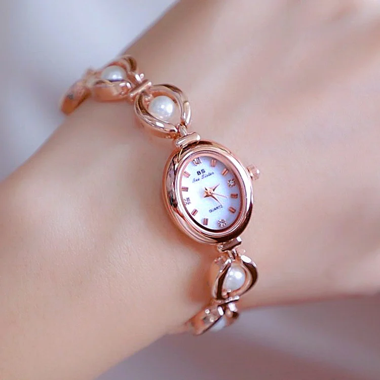 BS FA1685 New Fashion High Quality luxury Simple Girls Pearl Bracelet Quartz Watch Silver Gold Unique Oval Shape Ladies Wa
