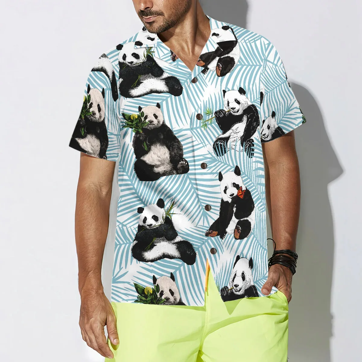 2023 New design custom print pattern Panda On Palm Leaves rayon Hawaiian Shirt