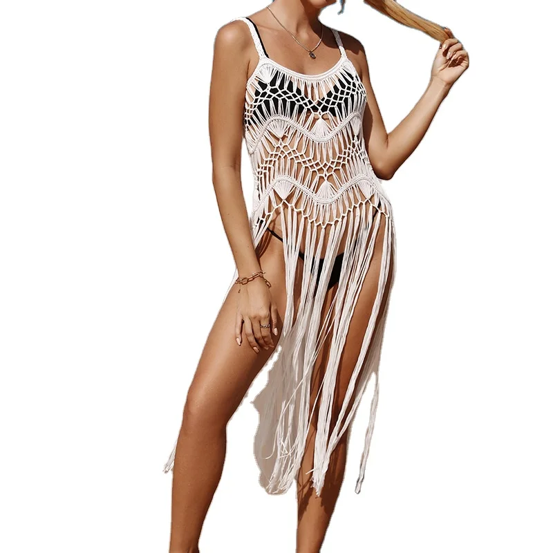 DAMOCHIC Beach Vacation Sexy Hand Crochet Cover Up Hollow Tassel Knit Dress Summer Swim Bikini Blouse Skirt Beach Cover Up 2023