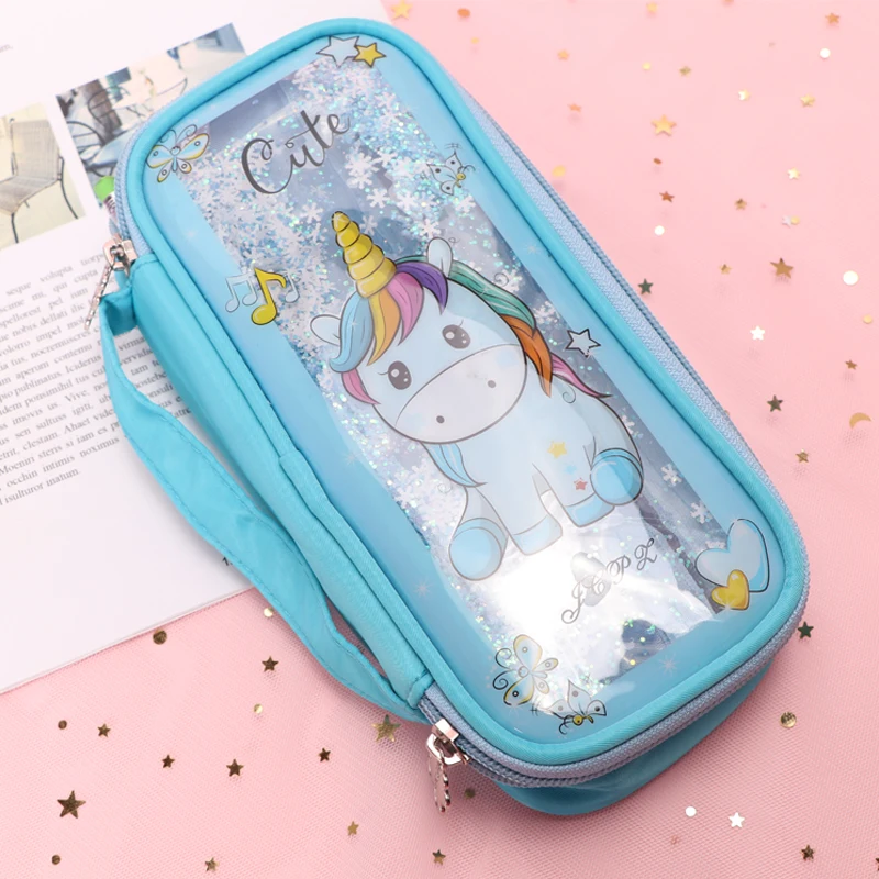TOPSTHINK Big capacity zipper unicorn liquid fabric portable multi zipper pencil case for kids