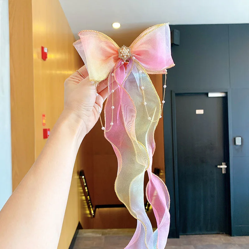 Children kids girl big bow hair clip hairpin sweet mesh hair accessories pearl diamond organza Butterfly Headdress