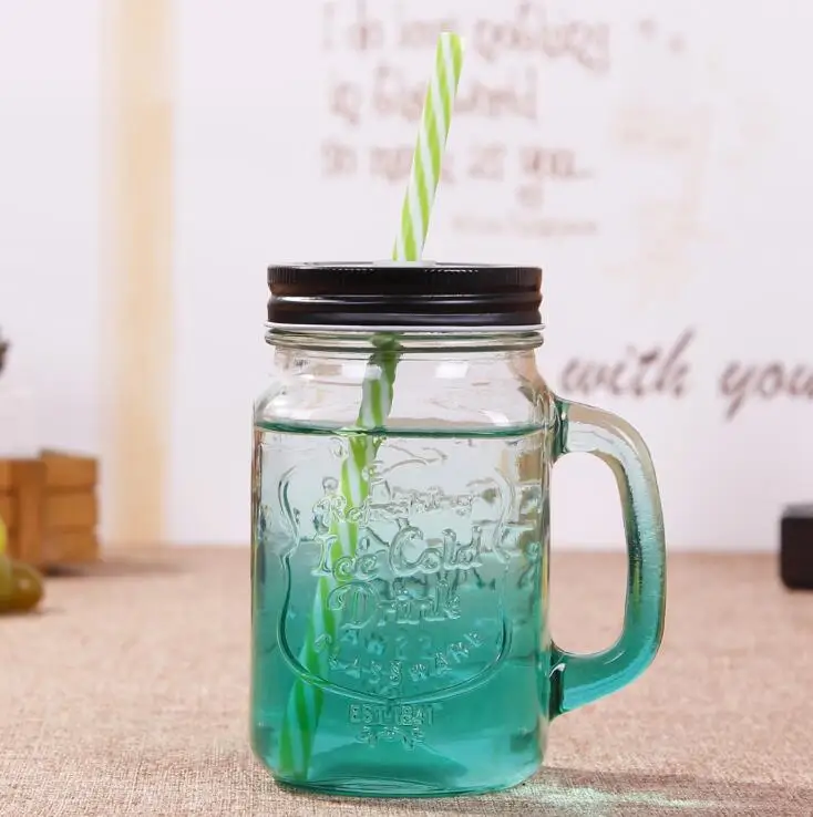 Wholesale glass jars in bulk 16 oz custom mason jars with handle and straw