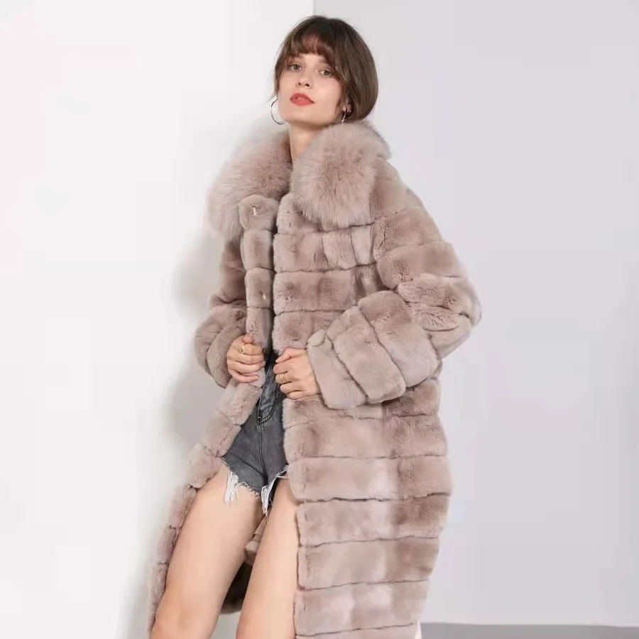 Luxury    Women  Genuine  Rabbit    fur  coat    Fashion   Winter fur  coat    with  fox  collar