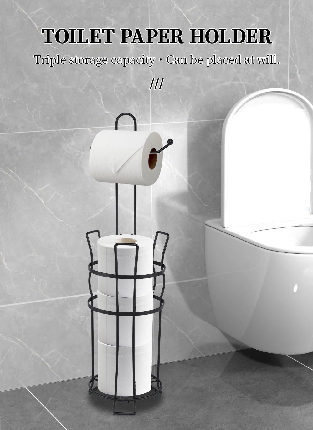 Good Price Bathroom Kitchen Hotel Black Metal Wire Holder Standing Toilet Tissue Paper Roll Holder With Handle