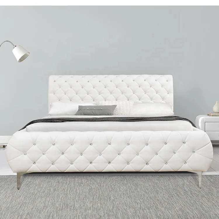 Willsoon New Store Modern Elegant Queen Size Bed Crystal Diamond High Headboard White PU Leather Soft Wooden Frame for Home