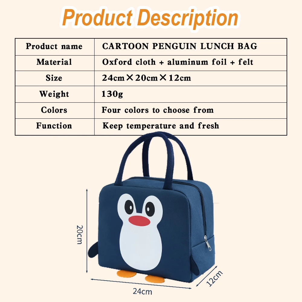 New Cartoon Penguin Lunch Cooler Bag Heavy-duty Aluminum Foil Picnic Tote Handbag Kids Insulated Bento Bag