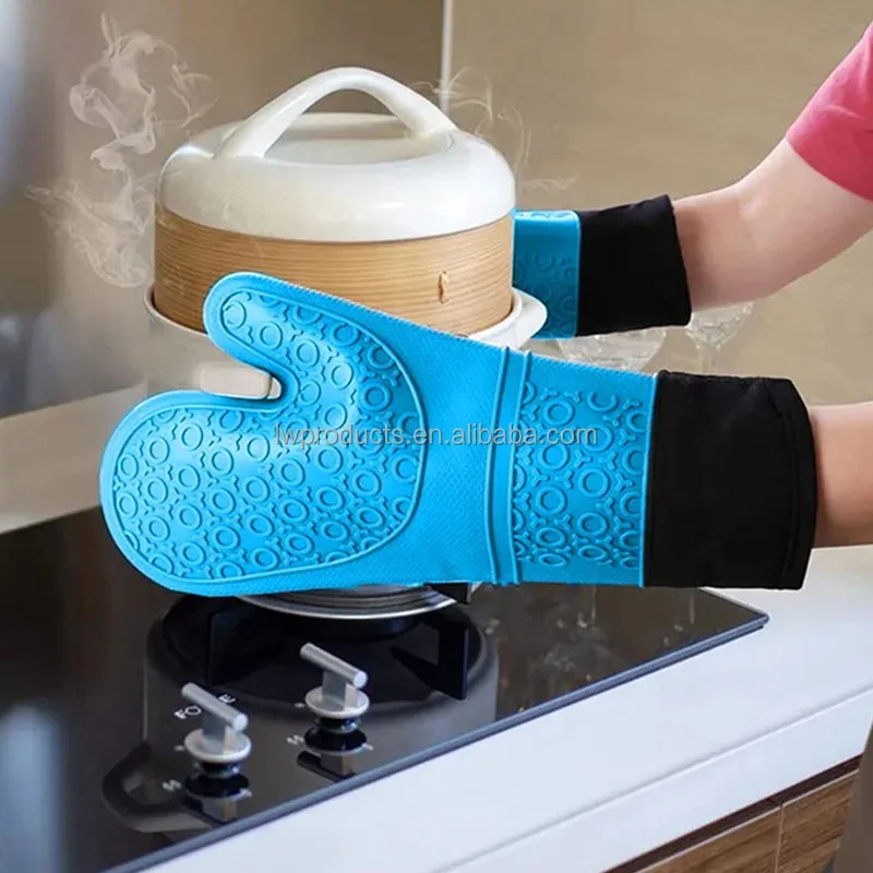 Термостойкие Нескользящие сверхдлинные кухонные стеганые держатели для выпечки рукавицы духовки силиконовые перчатки с хлопковой подкладкой