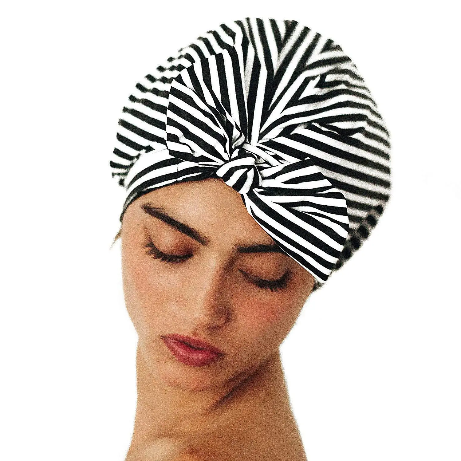 customized black white stripe pvc extra Large Turban bath waterproof Shower Cap for woman Hair